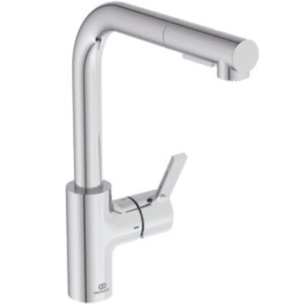 Chromene Ideal Standard Küchenarmatur mit einem hohen, geschwungenen Auslauf und einem ergonomischen Hebel für die Bedienung. Flexibler Brausekopf integriert.